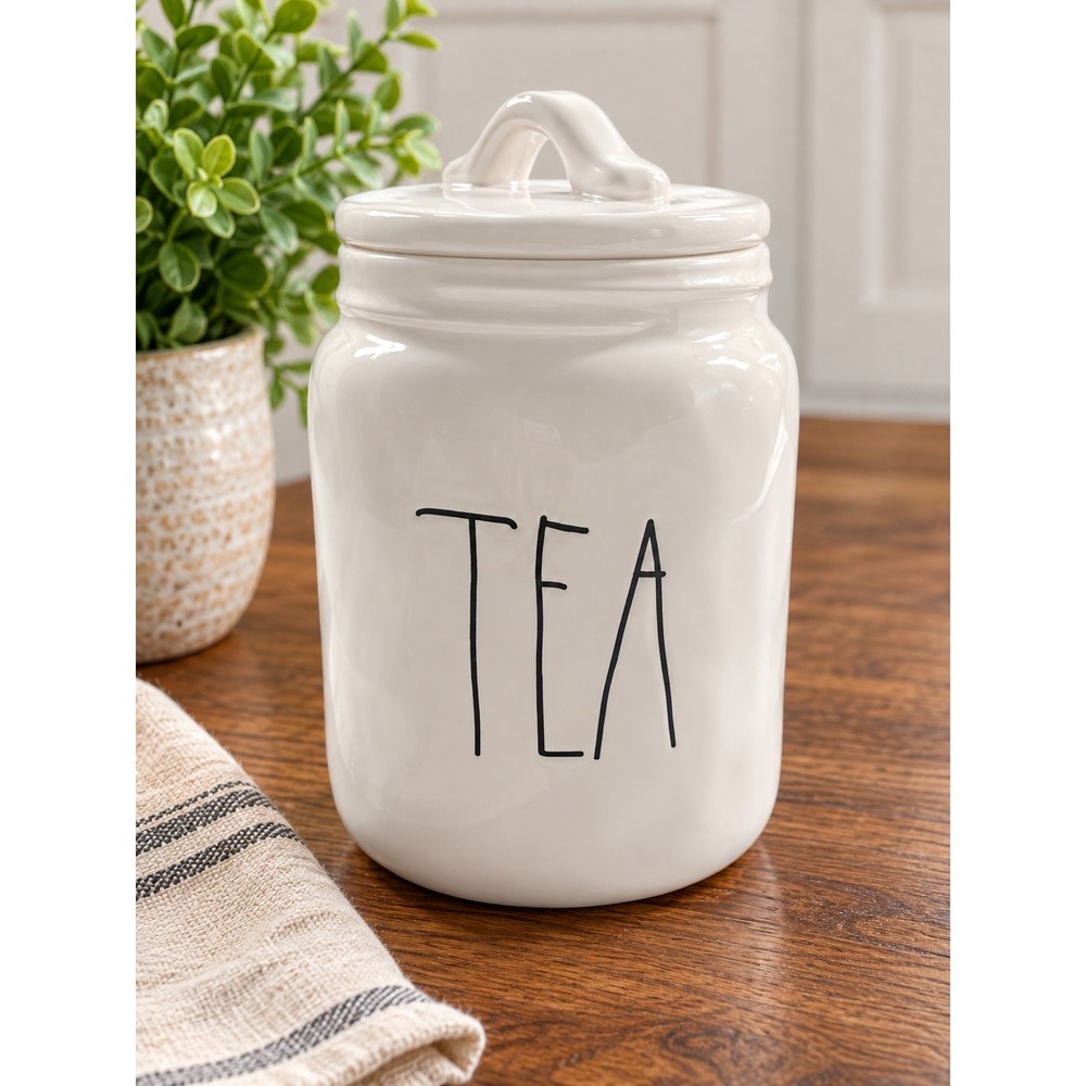 Rae Dunn Artisan Collection TEA Ceramic Canister White Farmhouse Storage Jar Lid